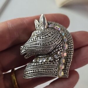Vintage Silver-toned Horse Head Brooch with AB Rhinestone Accents